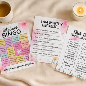 The Self-Love Starter Pack | Mental Health Printables | Self-Care Bingo + Affirmation Page + Mirror Quotes | 3 Digital Download
