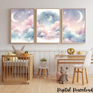 Pastel Celestial Nursery Wall Art | Moon & Stars Printable Set | Watercolor Night Sky Decor for Kids Room | Dreamy Digital Download Bundle