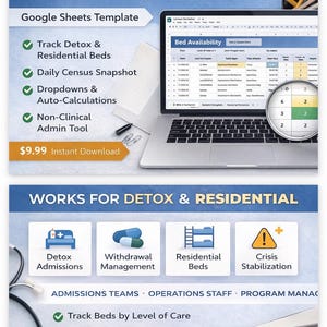May include: A digital product advertisement for a "Bed Availability & Census Tracker" Google Sheets template. The image shows a laptop displaying a spreadsheet, with icons for detox, residential, and operations. Text highlights features like tracking beds and auto-calculations.