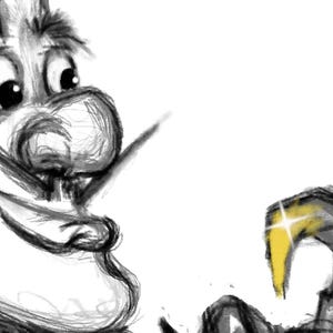 May include: A black and white cartoon illustration of a man with a large nose and a wide smile. He is holding a gold object in his right hand.