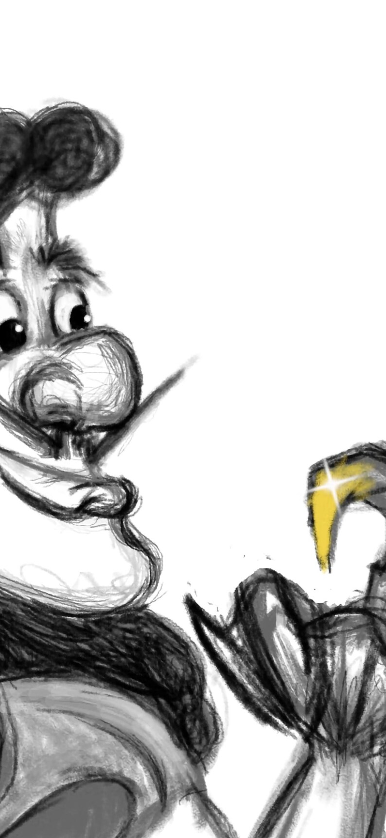 May include: A black and white cartoon illustration of a man with a large nose and a wide smile. He is holding a gold object in his right hand.