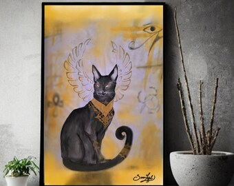 Black Anubis Cat - Egyptian God Illustration with Golden Details /Download art