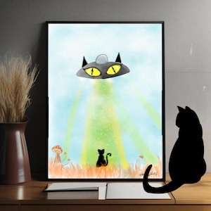 Space Cat Illustration – Digital Download, Fantasy Wall Art with Cat Spaceship and Magical Mushrooms