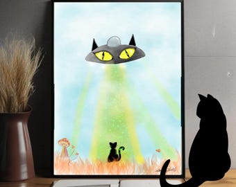 Space Cat Illustration – Digital Download, Fantasy Wall Art with Cat Spaceship and Magical Mushrooms