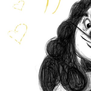 May include: A black and white sketch of a cartoon character with long black hair. The character is smiling and has a large nose. The text "Captain Hook" is written in yellow above the character.