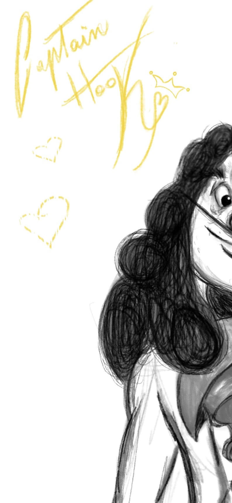 May include: A black and white sketch of a cartoon character with long black hair. The character is smiling and has a large nose. The text "Captain Hook" is written in yellow above the character.