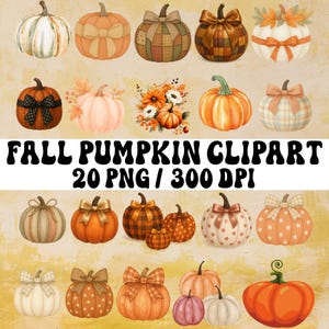 Watercolor Pumpkins And Bows Clipart, Coquette Pumpkins, Autumn Pumpkins, Gingham Pumpkins, Fall PNG, Fall Pumpkins Clipart Png, 20 PNG