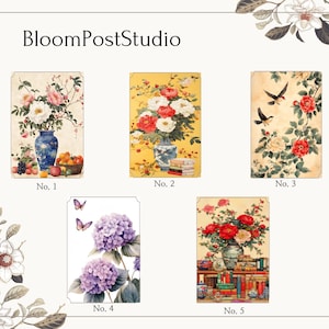 Vogel & Blumen Postkarten Set (3 oder 5 Stück) - Orientalischer Malstil Natur Briefpapier von BloomPostStudio