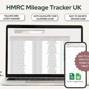 Könnte beinhalten: Ein Laptop und ein Smartphone, die einen Kilometerzähler anzeigen. Der Laptop-Bildschirm zeigt eine Tabelle mit Kilometerdaten. Auf dem Smartphone steht "EASY TO USE FROM YOUR MOBILE OR TABLET". Der Text "HMRC Mileage Tracker UK" steht oben.