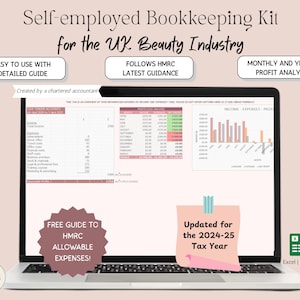 May include: A laptop screen showing a bookkeeping kit for the UK beauty industry. The screen displays a spreadsheet with financial data and charts. Text includes "Easy to use with detailed guide" and "Monthly and yearly profit analysis."