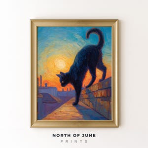 Black Cat at Sunset on Rooftop - Printable Autumn Art, Vibrant Cat Scene, Rustic Wall Decor, Sunset Painting, Vintage Style Animal Art 752