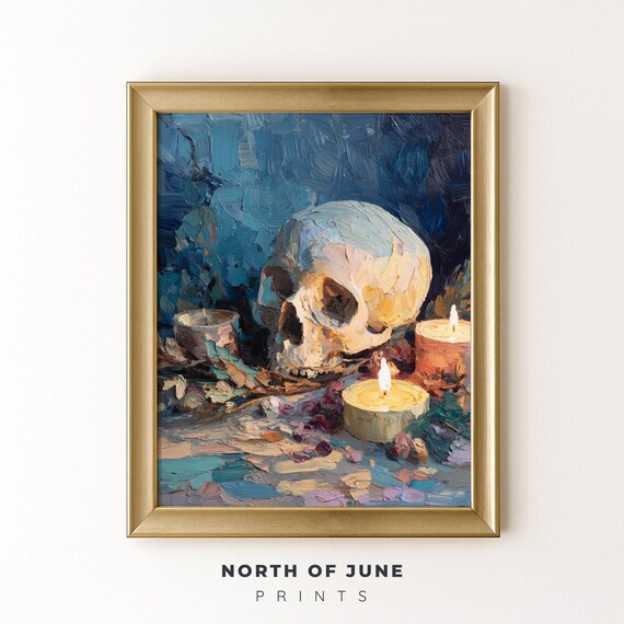 スカル＆キャンドルの油絵アートプリント - ヴィンテージゴシック静物