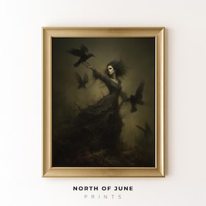 Gothic Forest Print – Woman with Ravens, Dark Fantasy Art (Digital Download)