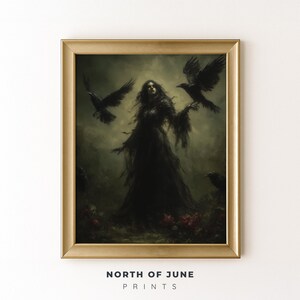 Gothic Forest Woman Art Print with Ravens: Dark Moody Landscape (Digital Download