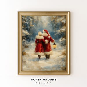 Santa and Mrs. Claus Winter Walk - Cozy Christmas Scene, Vintage Holiday Art, Festive and Charming Winter Wonderland, Printable Art 505