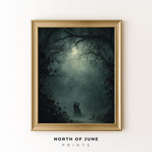 Bosque Místico Nocturno - Escena Romántica Gótica Oscura, Arte de Bosque Encantado, Decoración de Pared Misteriosa, Obra de Arte Vintage Imprimible 118