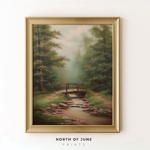 Vintage Waldbach Ölgemälde - rustikale Landschaft mit Brücke, druckbare Natur Wandkunst, ruhige Waldszene, digitales Dekor 37