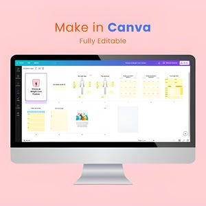 Puede incluir: Un monitor de ordenador muestra una interfaz de dise&ntilde;o de Canva con el texto "Make in Canva Fully Editable". La pantalla muestra varias plantillas editables, incluido un rastreador de p&eacute;rdida de peso. El fondo es rosa claro.