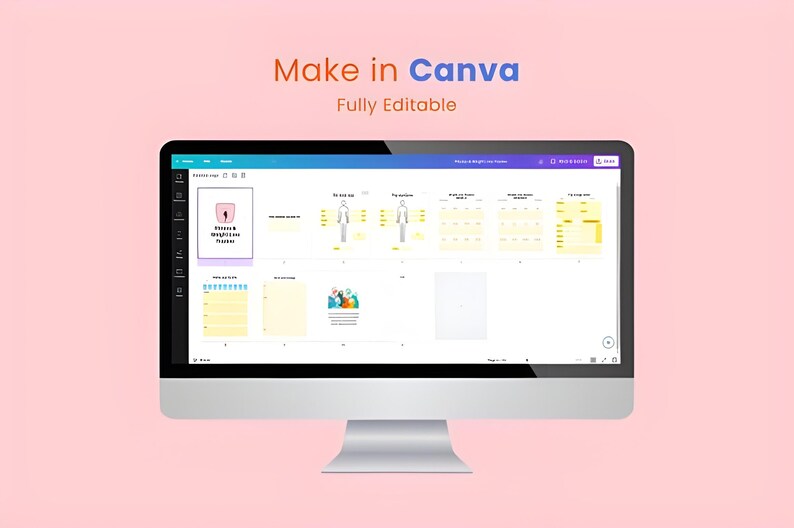 Puede incluir: Un monitor de ordenador muestra una interfaz de dise&ntilde;o de Canva con el texto "Make in Canva Fully Editable". La pantalla muestra varias plantillas editables, incluido un rastreador de p&eacute;rdida de peso. El fondo es rosa claro.