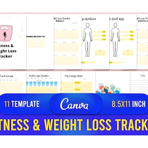 Puede incluir: Un rastreador de fitness y p&eacute;rdida de peso con 11 plantillas. La portada presenta un gr&aacute;fico de b&aacute;scula rosa y el texto "Fitness & Weight Loss Tracker". En el interior hay p&aacute;ginas para el seguimiento semanal, mensual y diario, con espacio para objetivos, ingesta de agua y notas. El tama&ntilde;o es de 21,6 x 27,9 cm.