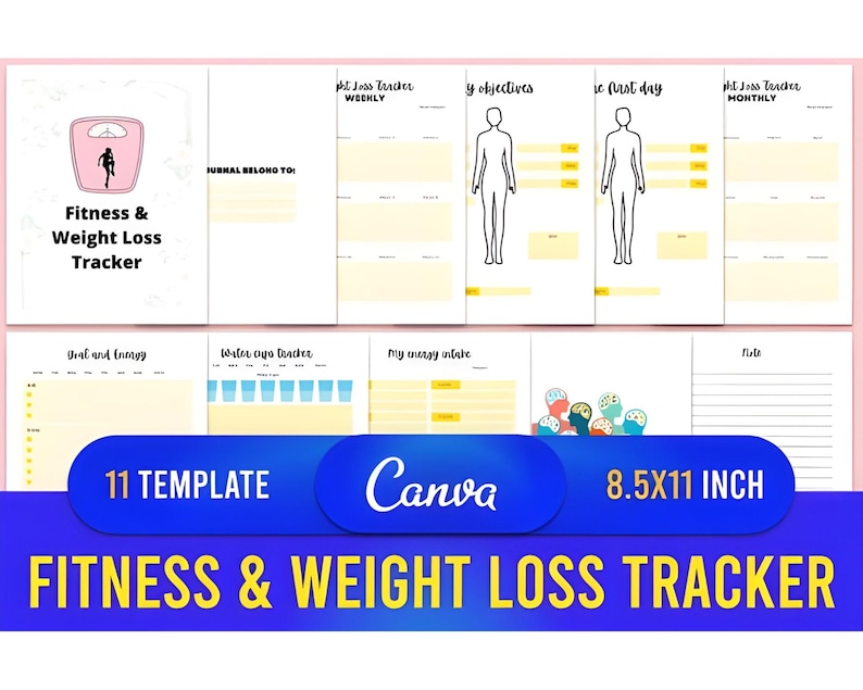 Puede incluir: Un rastreador de fitness y p&eacute;rdida de peso con 11 plantillas. La portada presenta un gr&aacute;fico de b&aacute;scula rosa y el texto "Fitness & Weight Loss Tracker". En el interior hay p&aacute;ginas para el seguimiento semanal, mensual y diario, con espacio para objetivos, ingesta de agua y notas. El tama&ntilde;o es de 21,6 x 27,9 cm.