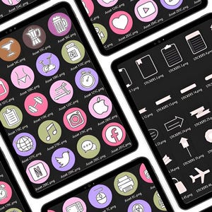 May include: Multiple digital tablets displaying various app icons and sticker designs. The icons are in a hand-drawn style, featuring images of food, fitness, social media, and more. The stickers include banners, arrows, and other decorative elements.