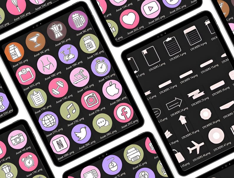 May include: Multiple digital tablets displaying various app icons and sticker designs. The icons are in a hand-drawn style, featuring images of food, fitness, social media, and more. The stickers include banners, arrows, and other decorative elements.