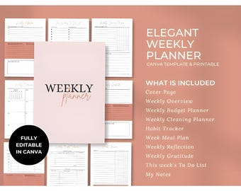 Editable Weekly Planner Template | Canva Printable Planner | Minimalist Weekly Schedule, Meal Plan, Habit Tracker, Budget & To-Do List