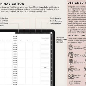 May include: Digital planner with a black and white design. The planner includes sections for key dates, goals, and notes. The text on the planner reads "Smooth Navigation" and "Designed for You". It also highlights benefits like increased self-awareness and mindfulness.