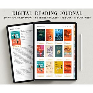 Könnte beinhalten: Zwei schwarze Tablets, die ein digitales Lesetagebuch anzeigen. Ein Tablet zeigt eine Buchrezensionsseite, das andere eine Bibliothek mit Buchcovern. Der Text oben lautet "DIGITAL READING JOURNAL". Ein weißer Stift befindet sich auf der rechten Seite.
