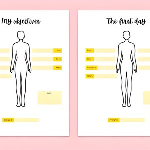 Puede incluir: Dos p&aacute;ginas blancas con fondo rosa. La p&aacute;gina izquierda dice "Mis objetivos" y la derecha "El primer d&iacute;a". Cada p&aacute;gina tiene un contorno del cuerpo humano con campos de medici&oacute;n etiquetados "Busto", "Brazo", "Cintura", "Muslo", "Talla", "Cuerpo", "Caderas" y "Meta".