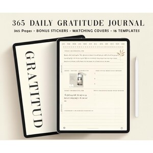 May include: A digital gratitude journal displayed on a tablet, with the word "GRATITUDE" on the cover. The journal includes 365 pages, bonus stickers, matching covers, and 16 templates. A white stylus rests beside the tablet.