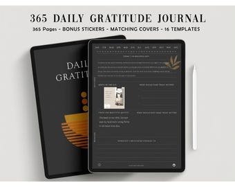 365 Day Digital Gratitude Journal Goodnotes Hyperlinked Dark Mode Planner Undated Minimalist Template + Bonus Stickers & Covers