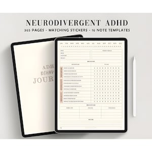 以下が含まれることがあります： ADHDと神経多様性を持つ人のためのデジタルプランナー。プランナーには365ページ、お揃いのステッカー、16個のノートテンプレートが含まれています。「NEURODIVERGENT ADHD」というテキストが上部にあります。プランナーは、白いスタイラスが付いた黒いタブレットにあります。