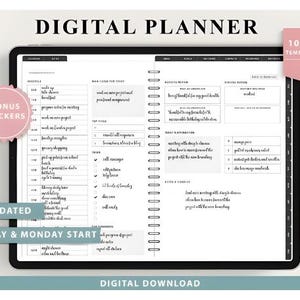 May include: A digital planner displayed on a tablet, featuring a clean, minimalist design with sections for daily tasks, notes, and goals. The planner includes the text "DIGITAL PLANNER", "BONUS STICKERS", "UNDATED", "SUNDAY & MONDAY START", and "DIGITAL DOWNLOAD".