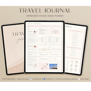 Op de afbeelding: Drie digitale tablets met een reisdagboek. De tablets tonen de tekst "TRAVEL JOURNAL" en "HYPERLINKED DIGITAL TRAVEL PLANNER". De dagboekpagina's hebben roze accenten en zijn ontworpen voor reisroutes en planning.