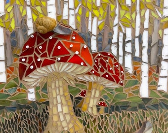 May include: A mosaic art piece depicting a forest scene with red and white mushrooms and snails. The mushrooms have white spots and are surrounded by green foliage. The background features a birch tree forest with white bark and yellow leaves.