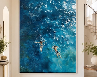 Peacock Blue Green Original Oil Painting of Swimmers Aerial Ocean Art Blue Water Sea Wall Decor