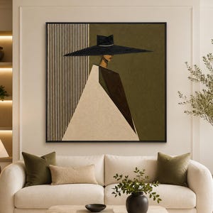 May include: A square wall art piece featuring a stylised figure wearing a wide-brimmed black hat. The composition includes a vertical striped pattern on the left, a large cream-coloured triangular shape in the centre, and a dark olive green background.