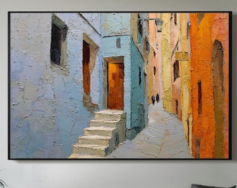 Original Mediterranean Street Oil Painting Impasto Palette Knife Texture Modern Cityscape Wall Art