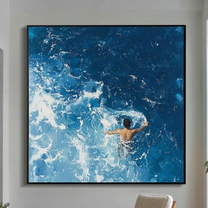 diving oil painting diving wall art swimming boy painting blue white abstract art diving swimming in the ocean handmade canvas wall art