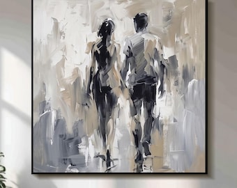 Handmade Abstract Couple Oil Painting Original Expressionism Walking Lovers Large Wall Art