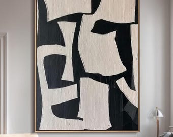 Large Black White Abstract Oil Painting Modern Minimalist Textured Canvas Art for Living Room