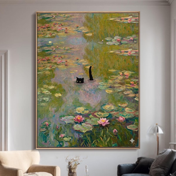 Funny Black Cat Water Lily Pond Oil Painting Monet Style Impasto Wall Art Canvas