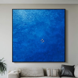 diving oil painting diving wall art swimming boy and girl painting blue white abstract art diving swimming in the ocean handmade wall art