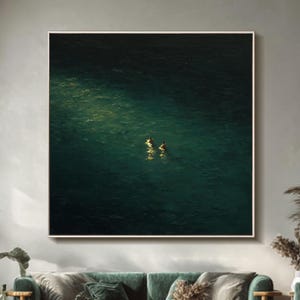 Paisaje marino pintado a mano: Dos niños nadando, arte minimalista de pared verde