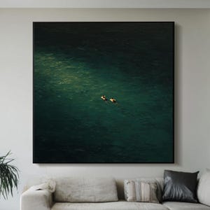 green wall art two boys swimming green minimalist painting green room decor green wabi-sabi wall art painting of people swimming in the sea