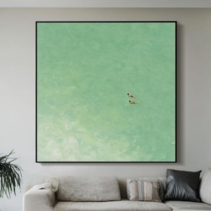 green wall art two boys swimming green minimalist painting green room decor green wabi-sabi wall art painting of people swimming in the sea