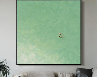 Cuadro minimalista verde: Dos niños nadando en el mar
