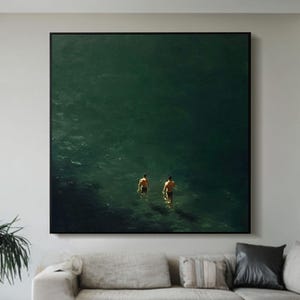 green wall art two boys swimming green minimalist painting green room decor green wabi-sabi wall art painting of people swimming in the sea